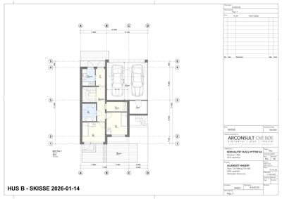 Etasjeplan (skisse) som viser romfordeling, dimensjoner og plassering av kjøkken, bad, soverom og garasje for et hus.