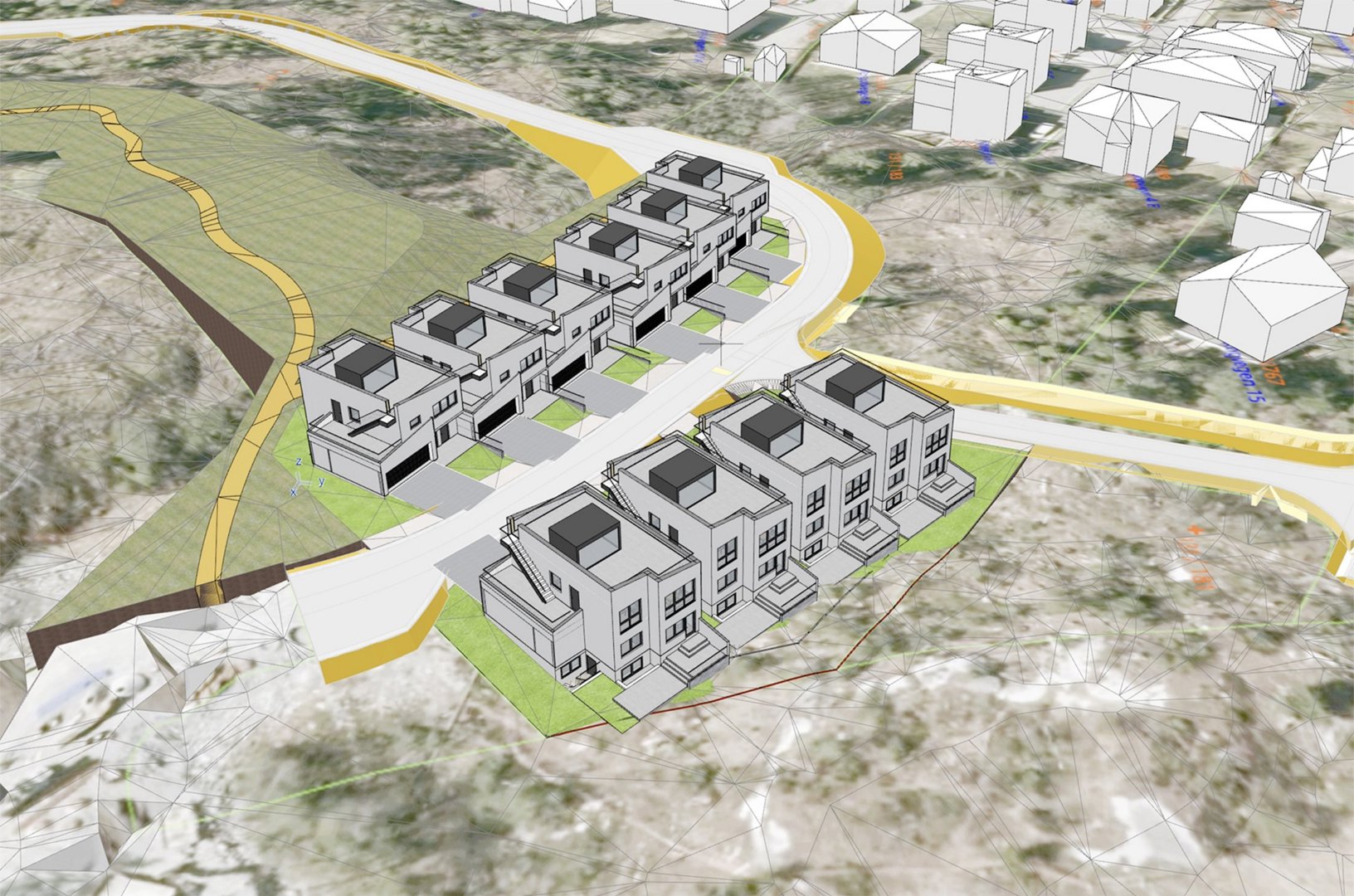 3D-visualisering (rendering) av en planlagt byggeplass med flere bygninger, veier og terrengformet.