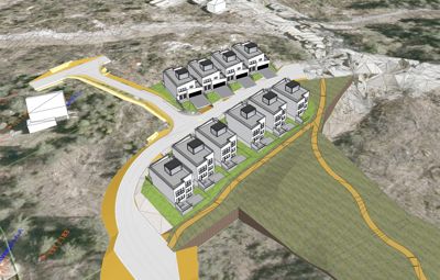 3D-visualisering av et boligfelt med flere hus plassert på et terreng med vei og grøntområder.