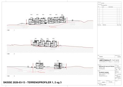 Tegning som viser tverrsnitt (snitt) av flere hus (HUS A til HUS H) i forhold til terrenget, med markerte høyder og terrengprofilering.