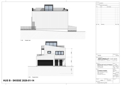 Fasadetegning som viser bygningens utseende fra nord og vest med mål og detaljer.