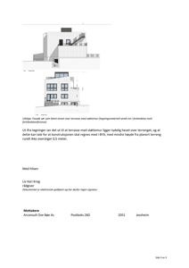 Bildet viser to tegninger av en fasade (Fasade BØE og Fasade SØR) med tilhørende tekst som forklarer detaljer om terrassens høyde i forhold til terrenget.