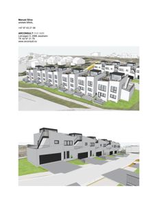 3D-visualisering (rendering) av en rekkehusbebyggelse sett fra utsiden, inkludert fasade, tak og omgivelser.