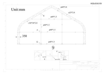 Detaljtegning av en stålkonstruksjon (truss) med spesifikke dimensjoner på stålprofiler og bolter.