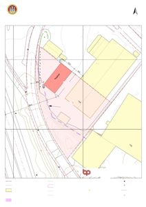 Basiskart (situasjonsplan) som viser eiendomsgrenser, eksisterende bygninger, høydekurver og planlagt arealbruk for en tomt i Bergen.