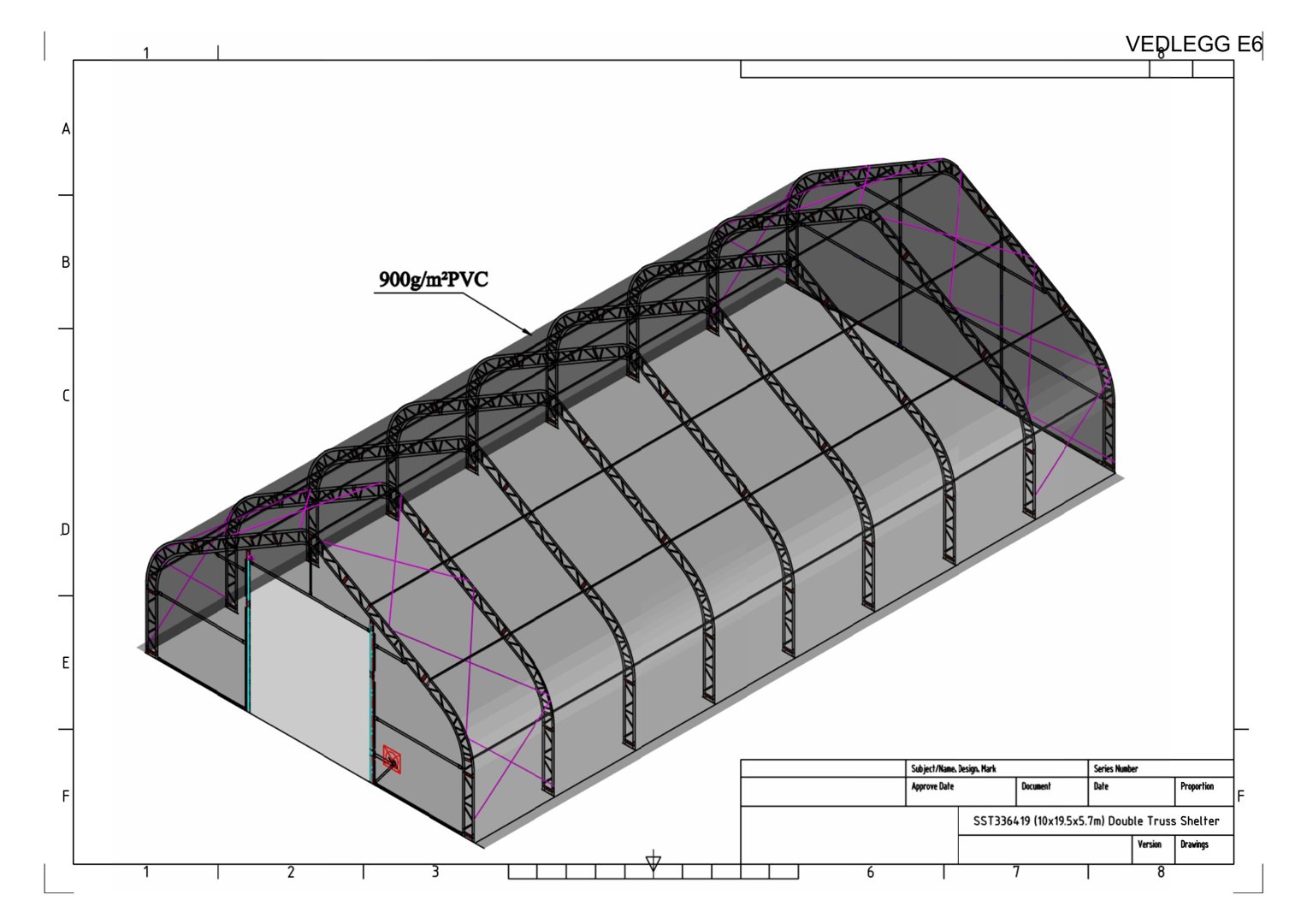 3D-visualisering (rendering) av en stålkonstruksjon med PVC-tak. Tegningen viser bygningens form, dimensjoner og materialvalg.