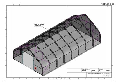 3D-visualisering (rendering) av en stålkonstruksjon med PVC-tak. Tegningen viser bygningens form, dimensjoner og materialvalg.
