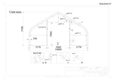 Tegning som viser detaljert oppbygning av en stålkonstruksjon (truss), inkludert dimensjoner, stålprofiltyper og festemidler.