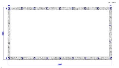En teknisk detaljtegning som viser en konstruksjon med dimensjoner (19960 x 10156) og fyllte områder som antageligvis er betong eller murverk.