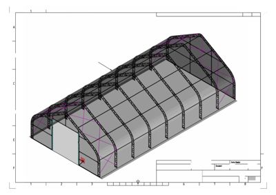 3D-visualisering (rendering) av en stålkonstruksjon med PVC-tak. Tegningen viser bygningens form, dimensjoner og materialvalg.