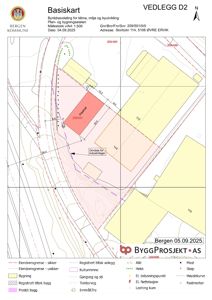 Basiskart (situasjonsplan) som viser eiendomsgrenser, eksisterende bygninger, høydekurver og planlagt arealbruk for en tomt i Bergen.
