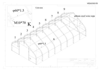Tegning som viser konstruksjon og dimensjoner for en stålkonstruksjon (truss shelter), inkludert detaljeringsinnsetning.