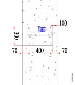 En teknisk detaljtegning som viser en konstruksjon (sannsynligvis en betongplate eller fundament) med angitte dimensjoner (300x400) og armeringsdetaljer.