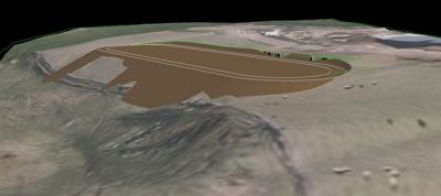 3D-visualisering av et byggprosjekt sett fra luften, med overlagte linjer som viser bygningens fotavtrykk.