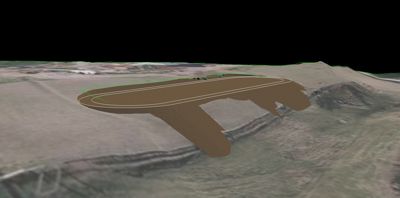 3D-visualisering av et planlagt bygg eller infrastrukturprosjekt sett fra luften.