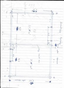 Håndskrevet etasjeplan eller romfordeling med mål og notasjoner om vegghøyde og utvendige mål.