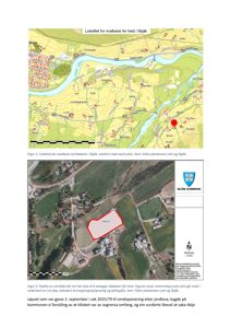 Bildet viser to kart som illustrerer et lokalt for hestebaner i Skjåk. Øverste del er en topografisk situasjonsplan, og nederste del er et flyfoto med overlagte arealgrenser.