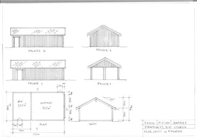 Bildet viser en tegning med etasjeplan (PLAN), snitt (SNITT) og fasader (FASADER) for en garasje.