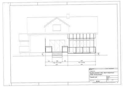 Fasadetegning av en bygning sett fra sør, med mål og detaljer for trapp og utvendig del.