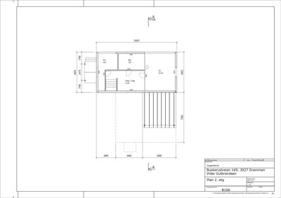 Etasjeplan (Plan 2. etg) som viser romfordeling, dimensjoner og trapp på et hus.