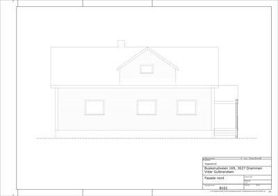 Fasadetegning av en bygning med vinduer og takform, sett fra nord.