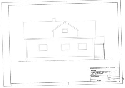 Fasadetegning (opprikk) av bygning sett fra nord, med tegning av takform og vindusåpninger.