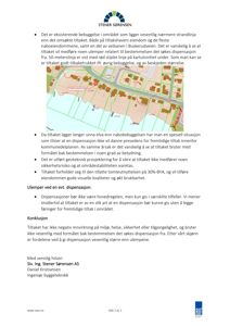 Et kartutsnitt (kartutsnitt) som viser et område med eksisterende bebyggelse, en planlagt tiltakslinje (rød stiplt linje) og en 50-meterslinje. Kartet er brukt i en rapport for å illustrere forholdet mellom tiltaket og nabobebyggelsen.