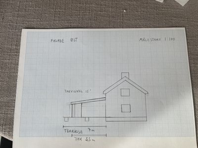Håndtegnet fasadetegning av en bygning sett fra øst, med oppgitt mål, takvinkel og terrasse.