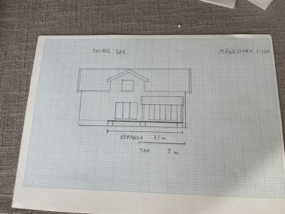 Håndtegnet fasadetegning (Sør) med mål og detaljer om veranda og tak.