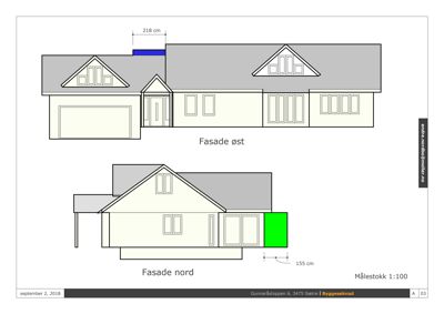 Tegning som viser fasadeopprikk for en bygning sett fra øst og nord, med angitte mål.