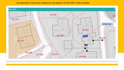 Situasjonskart som viser nabotomter, regulert vei og plassering av tiltaket i forhold til nabolaget.