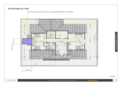 Etasjeplan (2. etasje) med romfordeling, dimensjoner og notater om gulvhøyde.