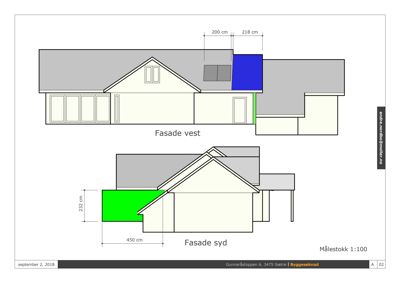 Tegning som viser fasadeoppsett for bygningen sett fra vest og syd, inkludert mål og fargeindikasjoner for endringer.