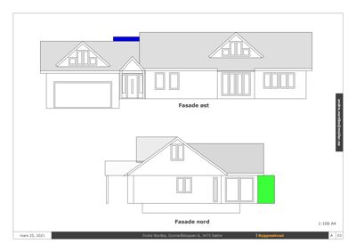 Tegning som viser fasadeopprikk for en bygning sett fra øst og nord.