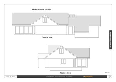 Tegning som viser eksisterende fasader (vest og nord) til en bygning.