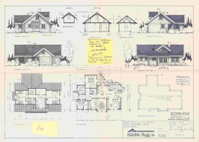 Plantegning som viser etasjeplaner (nedenfor) og fasadeopprikk (ovenfor) for en bolig.