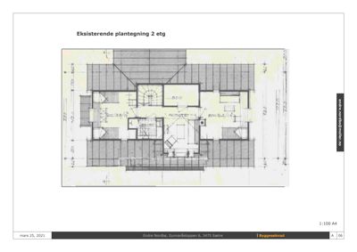 Plantegning av 2. etasje i en eksisterende bygning (Gunnaråstøppen 6). Tegningen viser romfordeling, veggposisjon og trapp.