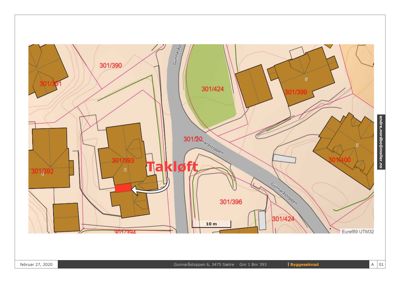 Situasjonsplan som viser tomtegrenser, nabobygninger og en markert bygning (301/393) med en planlagt utvidelse (takløft).
