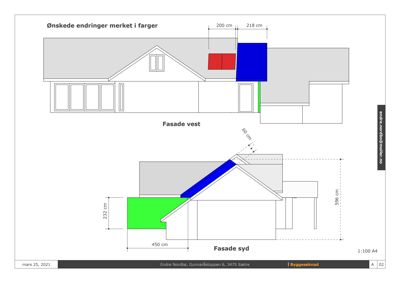 Tegning som viser fasadeoppsett for bygningens vest- og sydside med mål og farger som markerer ønskede endringer.