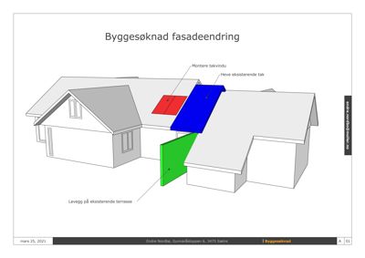 3D-visualisering av en fasadeendring med farger som viser nye takflater, vindu og vegger.