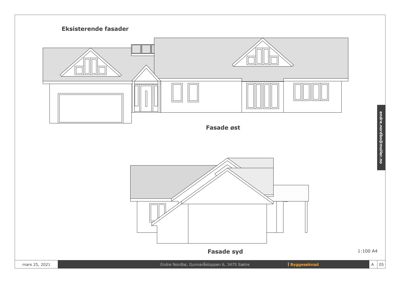 Tegning som viser eksisterende fasader (øst og syd) for en bygning.