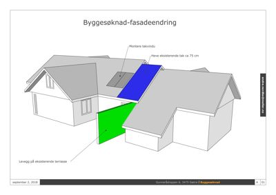 3D-visualisering av en fasadeendring med detaljer om takvinduer, hevet tak og ny veggmur.