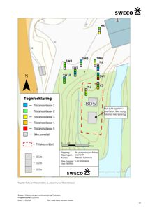 Situasjonsplan eller kart som viser tilstandsklasser og tiltaksområde på en tomt, med tegnforklaring og målestokk.