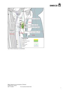 Teknisk tegning som viser plassering av en ny pumpestasjon i forhold til eksisterende ledninger og veggrenser.