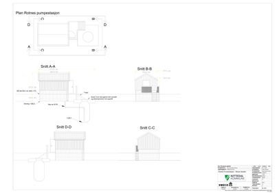 Bildet viser snittegninger (Snitt A-A, B-B, D-D, C-C) og et etasjeplan for Rotnes pumpestasjon.