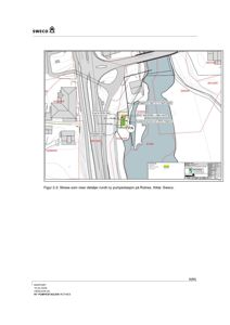 Situasjonsplan som viser detaljer rundt ny pumpestasjon på Rotnes, inkludert veier, vann og bygningens plassering.