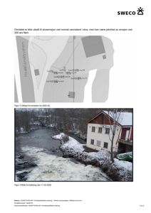 Fotografi av en bygning ved en elv med snødekke, inkludert tekster om elveerosjon og bekfæring.