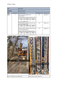Feltlogg med tabell over prøvetaking og to fotografier av boreprøver og utstyr.