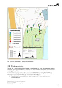 Kart over et tiltaksområde med tilstandsklasser og prøvepunkter (SW3-SW10) for en miljøteknisk undersøkelse.