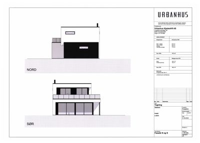 Fasadetegning som viser bygningens utseende sett fra nord og sør.